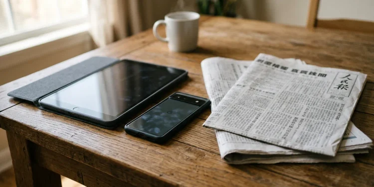 Tablet and phone beside a folded Chinese-language newspaper on a table