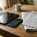 Tablet and phone beside a folded Chinese-language newspaper on a table